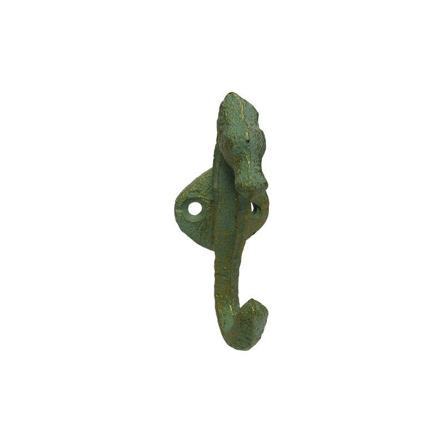 Alt text: "Decorative 9cm cast iron seahorse hook for hanging coats, bags, or towels, adding coastal charm to any space."