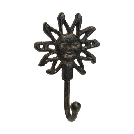 Cast iron sun-shaped wall hook, 17cm, perfect for hanging jackets and bags with a charming rustic design.