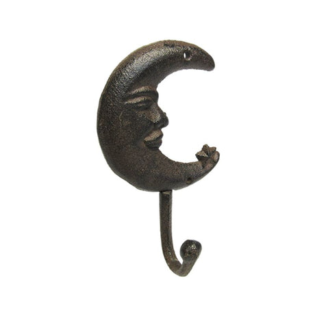 Moon-shaped cast iron hook, 16cm, perfect for hanging coats or keys while adding whimsical decor to any space.