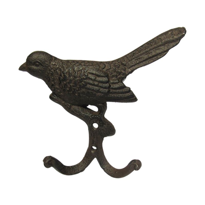 Rustic 16cm cast iron bird double hook hanger for keys, towels, and more, blending charm and functionality.