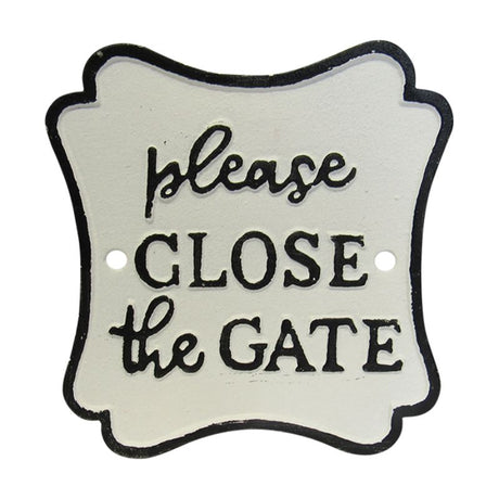 Rustic 17cm cast iron sign reading "Please Close Gate," hand-painted for garden or home decor.