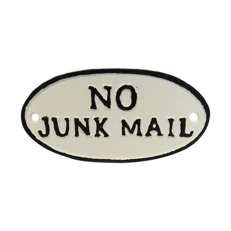 Rustic cast iron No Junk Mail sign, 17 x 9 cm, hand-painted finish for stylish entryway decor and clutter reduction.