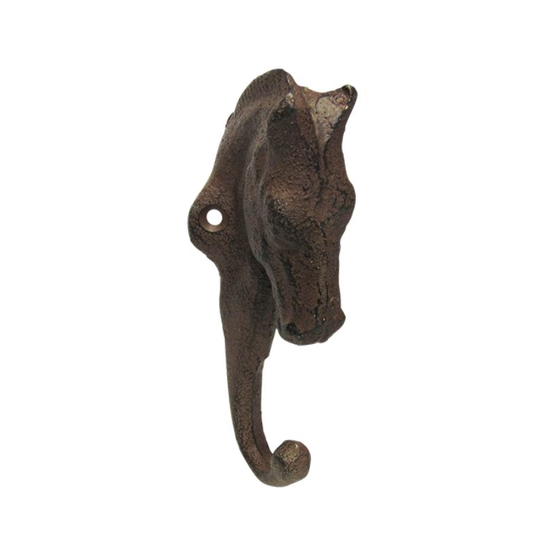 Rustic cast iron horse head hook perfect for home decor, featuring intricate detailing and dimensions of 14.5 x 6 cm.