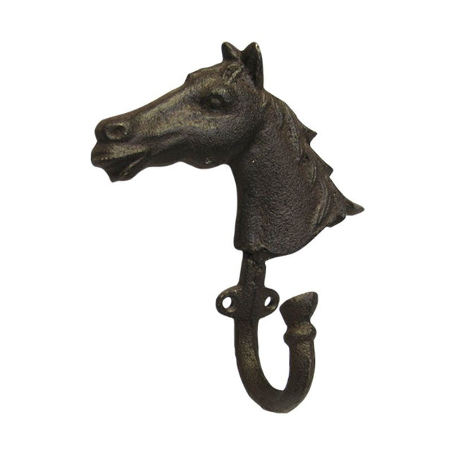 Cast iron horse head wall hook, 14 x 12.5 cm, perfect for hanging coats and keys with rustic charm.