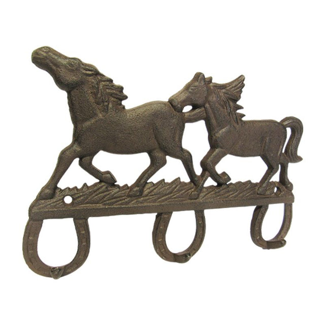 Cast iron wall hook featuring two horses, perfect for hanging items and enhancing rustic home decor.