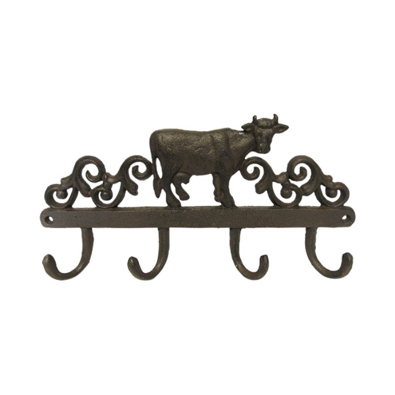 Cast iron cow-shaped hanger measuring 34cm, perfect for rustic decor and organizing coats or kitchen utensils.