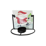 Tealight holder featuring a glass stained Santa in a black metal frame, perfect for Christmas ambiance and decorations.