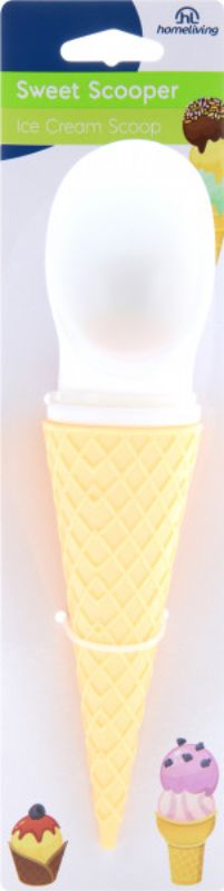 Whimsical waffle cone-shaped ice cream scoop, made from durable plastic for effortless serving of frozen treats.