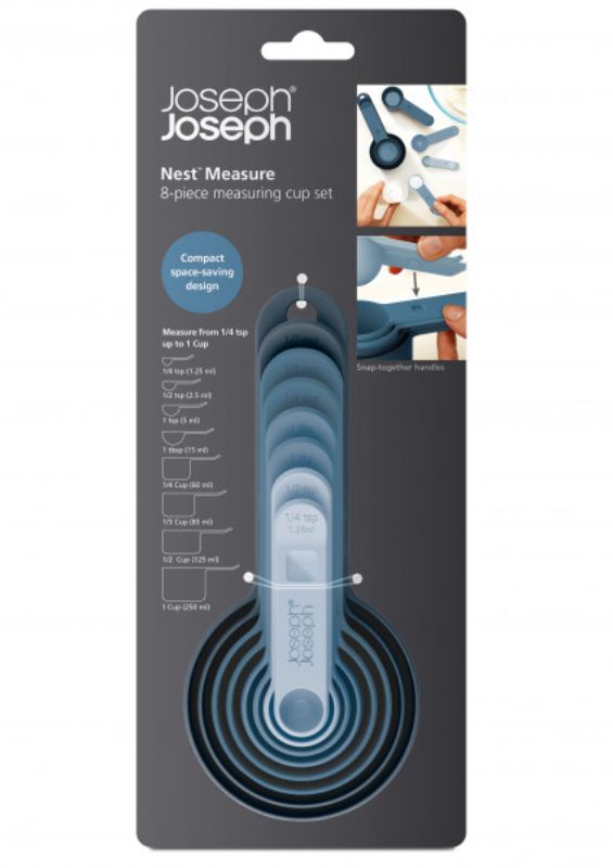 Colorful 8-piece Nest Measuring Cups Sky by Joseph Joseph, featuring snap-together handles and accurate metric and imperial measurements.