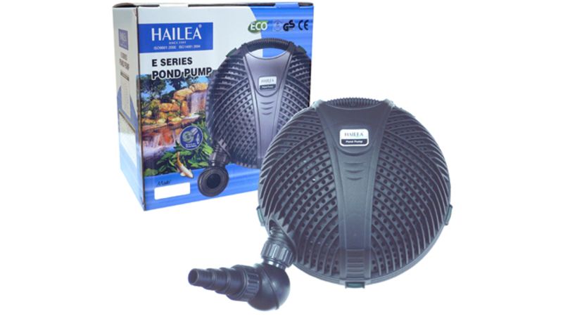 Hailea E20000 submersible pond pump with 17,900L/hr flow rate, 5.5m head height, and 210W power for optimal water circulation.