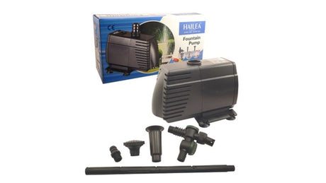 Aquatic fountain pump with adjustable head, 1000L/hr flow, 1.6m lift height, 17W power, ideal for garden ponds.