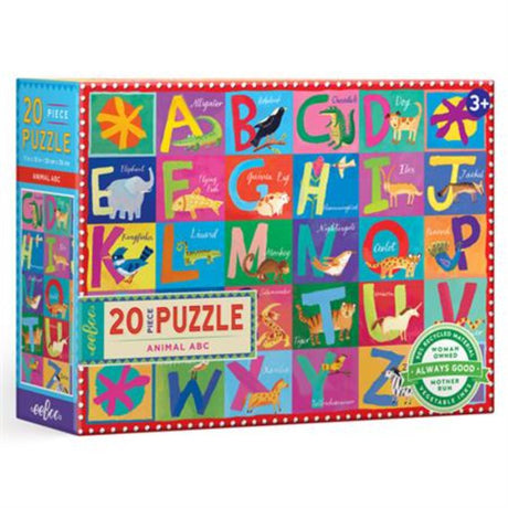 Colorful 20-piece Animal ABC Floor Puzzle for kids, featuring engaging illustrations and durable, eco-friendly materials.