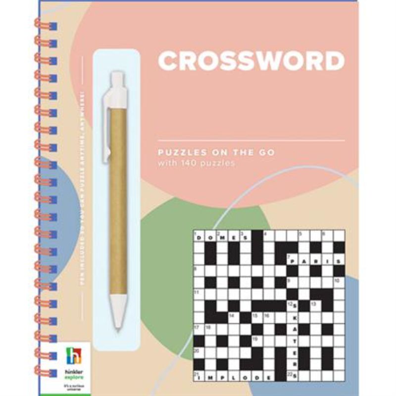 Portable crossword puzzle book with over 130 engaging puzzles, a handy pen, and contemporary artwork for puzzle lovers.