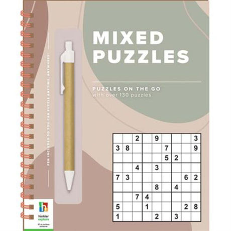 Travel-friendly puzzle book featuring 130+ diverse puzzles, contemporary artwork, and a handy pen for brain-teaser fun.