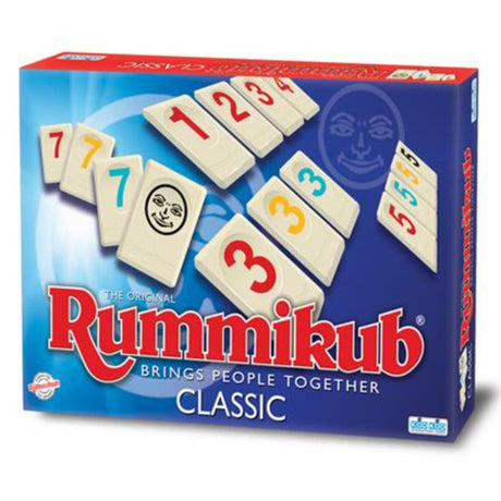 Colorful Rummikub tiles with a wooden rack, ideal for family game nights and enhancing strategic thinking skills.