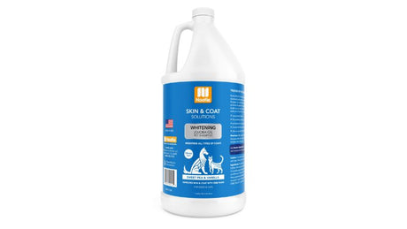 Nootie Whitening Pet Shampoo in a 3.78L bottle, brightens coats, nourishes fur, soap-free, bleach-free, with jojoba oil.