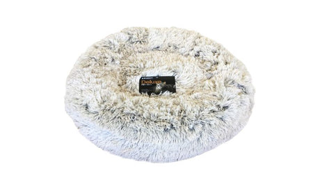 Cozy Calming Pet Bed in Caramel Latte, designed for small pets, featuring a doughnut shape for comfort and security.