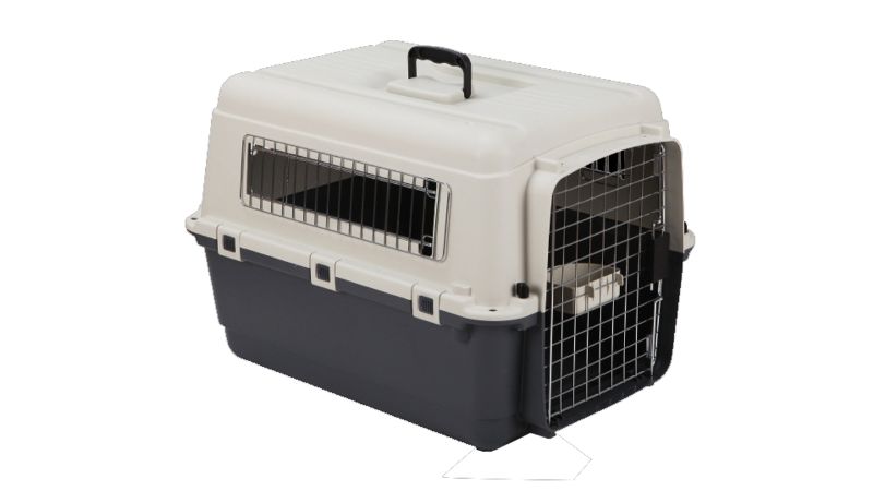 Spacious airline carrier for pets up to 18kg, featuring secure fasteners, liquid-catching moat, and included water dish.