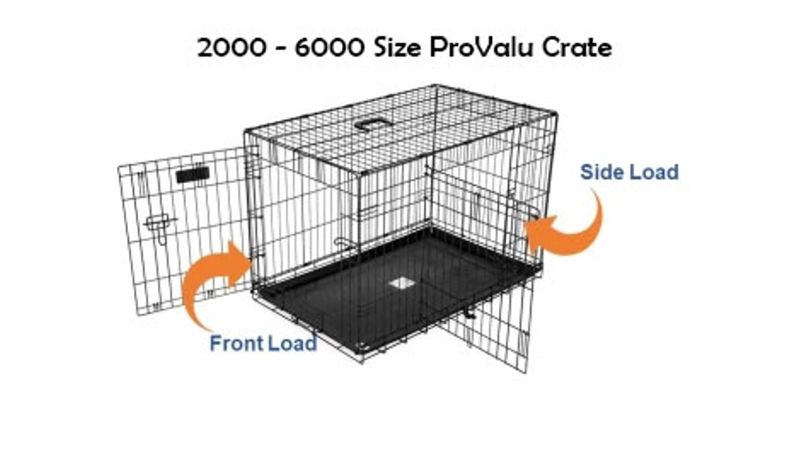 Black Pro Valu #2000 dog crate, 60 x 45 x 50 cm, with top and end doors, plastic tray, and sturdy wire construction.