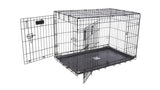 Sturdy black dog crate measuring 60 x 45 x 50cm with top/end doors, easy-clean tray, ideal for small to medium breeds.