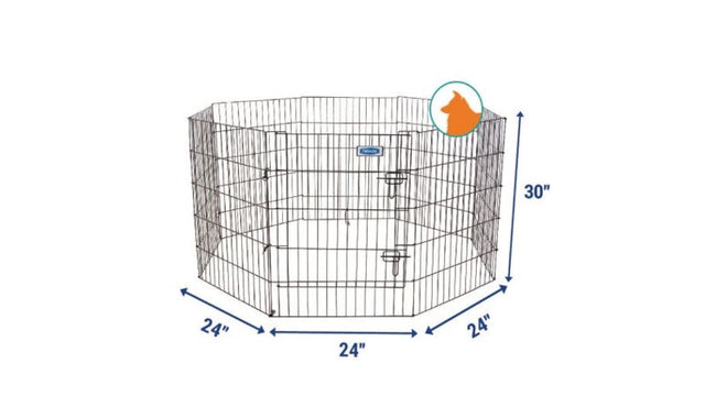 Dog exercise pen with a double latch door, 75cm high, made of durable wire for indoor/outdoor safe play.