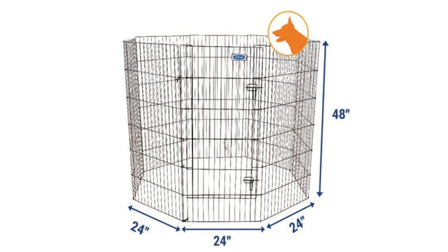 Dog exercise pen featuring a secure double latch door, durable wire construction, and foldable design for easy storage.