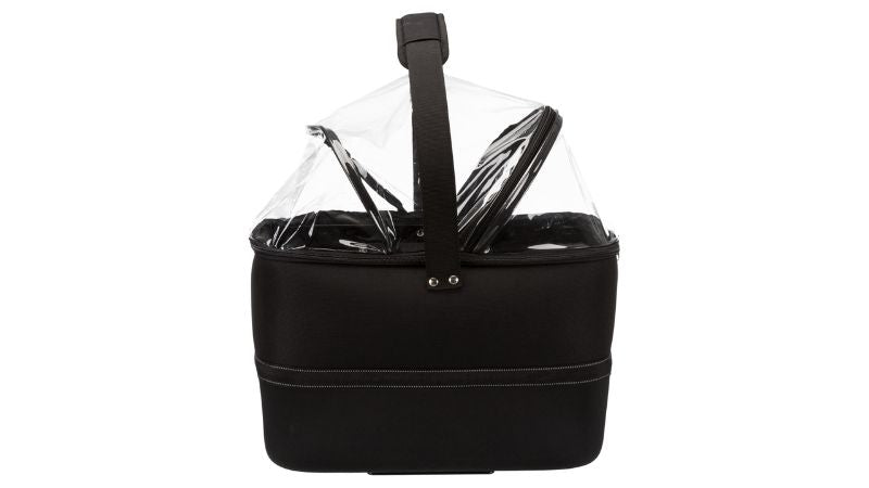 Sleek black front bicycle basket with quick-click closure, rain hood, protective net, and integrated pet leash for secure transport.