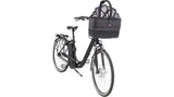 Front Bicycle Basket in black, featuring quick-click closure, rain hood, net, handle, leash, and removable padded base for pets or goods.