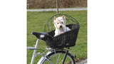 Bicycle basket with lattice design, suede look cushion, and durable wire mesh, ideal for stylish and functional cycling.