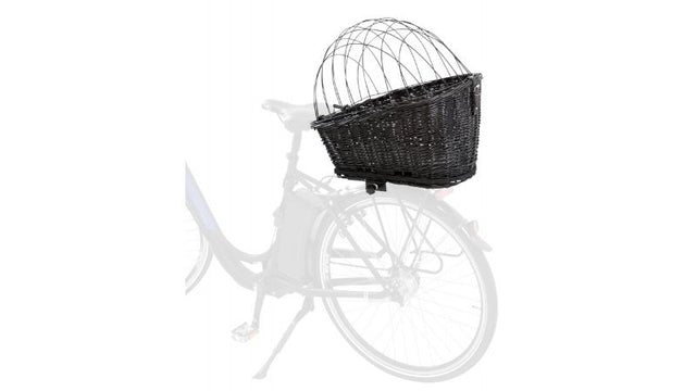 Bicycle basket with lattice design, durable wire mesh, grey suede cushion, fits bike racks, stylish and functional.