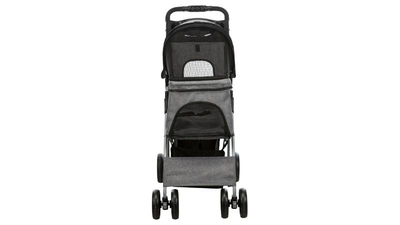 Grey Trixie Dog Buggy measuring 47x100x80cm, featuring a foldable design, safety brakes, and spacious seating for pets.