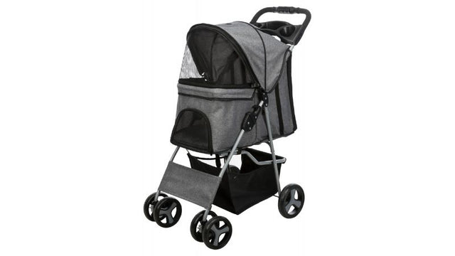 Grey Trixie Dog Buggy, 47x100x80cm, with easy folding, safety brakes, large entry, mesh inserts, and comfy cushion for pets.