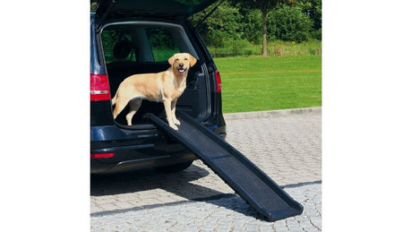 Lightweight folding ramp for pets, 156cm long, supports 90kg, with anti-slip surface for safe access to cars and steps.