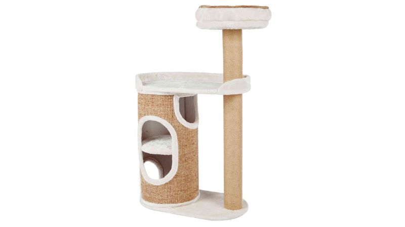 Stylish 117 cm grey/brown scratching post with jute-wrapped base, plush top platform, and removable washable bed for cats.