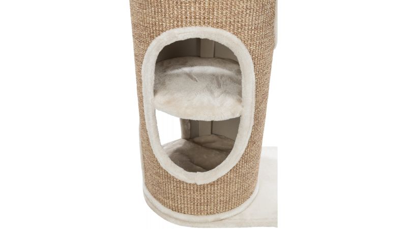 Stylish 117 cm scratching post in grey/brown, featuring a jute-wrapped post and cozy plush platform for cats to scratch and lounge.