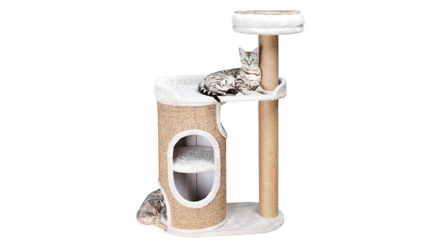 Stylish 117cm grey/brown scratching post with plush platform, jute-wrapped post, and removable cuddly bed for cats.