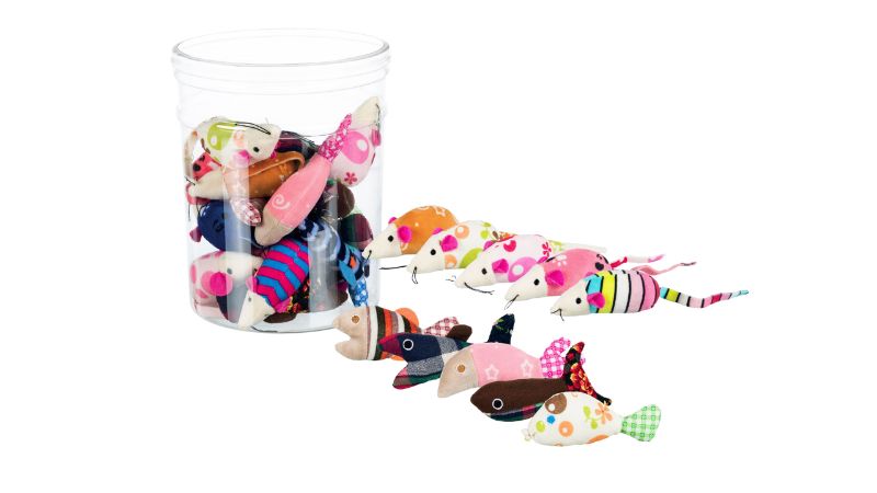 Colorful assortment of 42 soft mice and fish cat toys, stimulating play and hunting instincts in pets. Ideal for all cats.