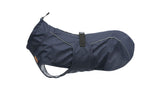 Dark blue dog raincoat for medium dogs, 45cm back length, features windproof, waterproof zips, and adjustable collar for comfort.