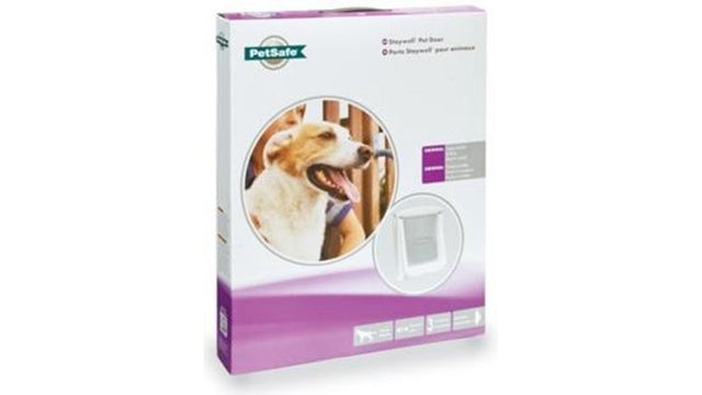 Durable Staywell Large Pet Door in White, lockable, for pets up to 45kg, fits various door thicknesses, includes tunnel extension.