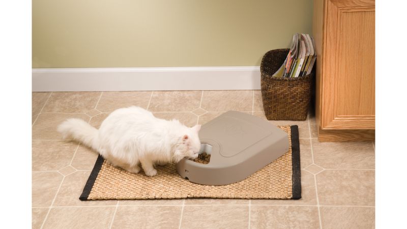 Automatic pet feeder for cats and small dogs, serving up to 5 meals with customizable schedules and easy-to-clean tray.