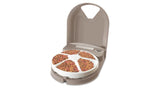 Automatic pet feeder with 5 compartments for customized mealtimes and healthy portion control for cats and small dogs.