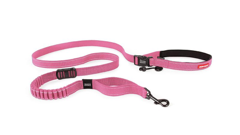 Pink 2.1m dog leash featuring shock absorption, soft neoprene handle, and adjustable length for active pet owners.