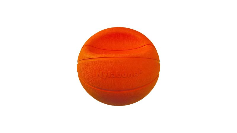 Durable medium dog toy shaped like a basketball, perfect for bouncing, rolling, and interactive play with easy grip.