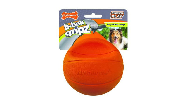 Nylabone Basketball Gripz dog toy in medium, durable rubber with indented shape for easy grip, perfect for bouncing and tugging.