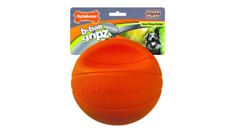 Nylabone Basketball Gripz for dogs, durable rubber toy with indented grip design, perfect for interactive or solo play.