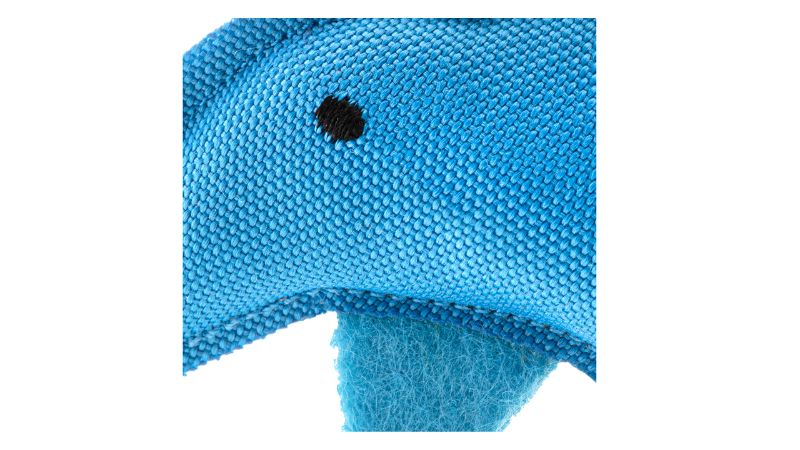 Eco-friendly blue dolphin catnip toy, made from recycled plastic, infused with North American catnip for playful feline fun.