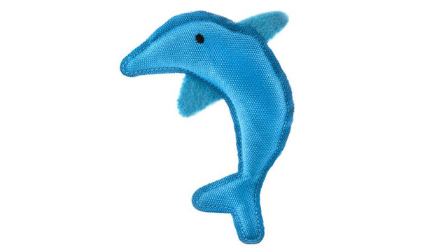 Eco-friendly Beco Dolphin catnip toy in blue, made from recycled plastic with double stitching for durability and infused with premium catnip.