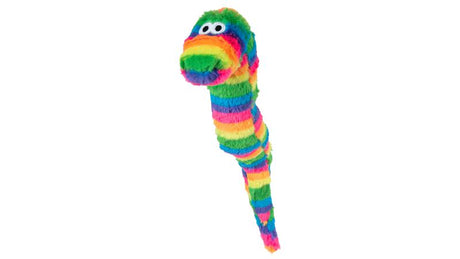 Plush Chuckles Snake dog toy (58.4cm) with 3-in-1 squeaker, durable stitching, and vibrant colors for engaging play.