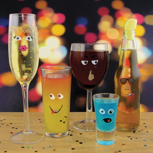 Colorful reusable drink markers featuring over 100 fun stickers for easy beverage personalization at parties.