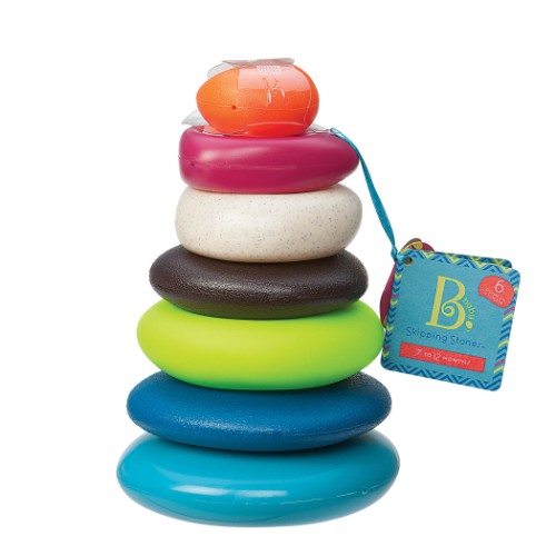 Colorful stacking rings game for toddlers, promoting creativity and fine motor skills with a fun pebble on top.